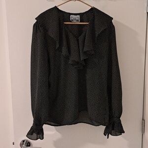 Vintage Black & White Polka Dot Women's Sheer 90's Ruffled Blouse (Size M)